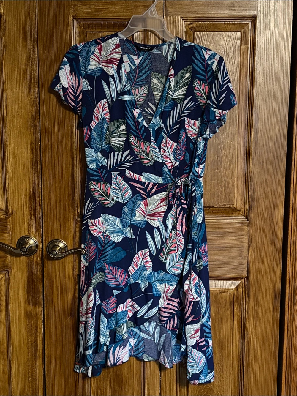 Hawaiian Tropical Beach Midi Wrapped Printed Leaf Pattern Dress Blue  Size Large